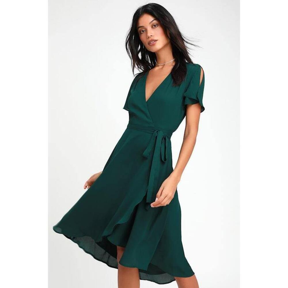 Lulus Rise To The Occasion Emerald Green Midi Wrap Dress - Size S